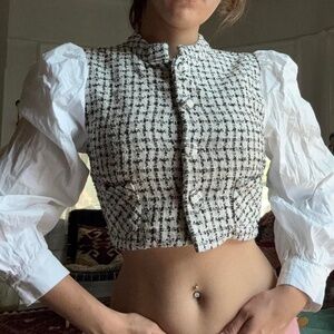 Vintage Tweed Cropped Puff Sleeve Sweater